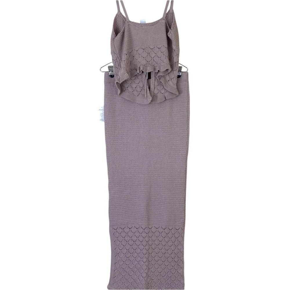 NWT Olive Oak Tan Crochet 2-Piece Set Knit Crop Tie-Front Tank & Maxi Skirt (L) - Picture 3 of 8